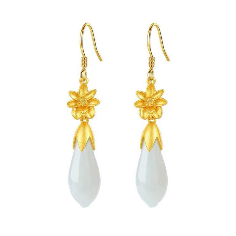 S925 Sterling Silver Style Magnolia Hetian White Jade Earrings