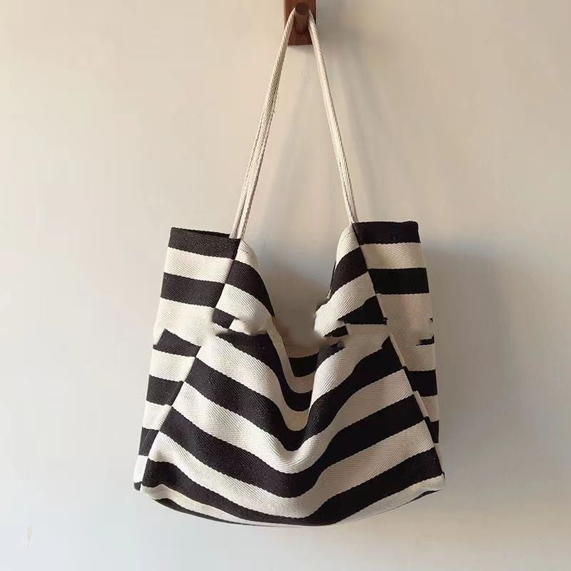 Ins Artistic Contrast Color Striped Canvas Bag