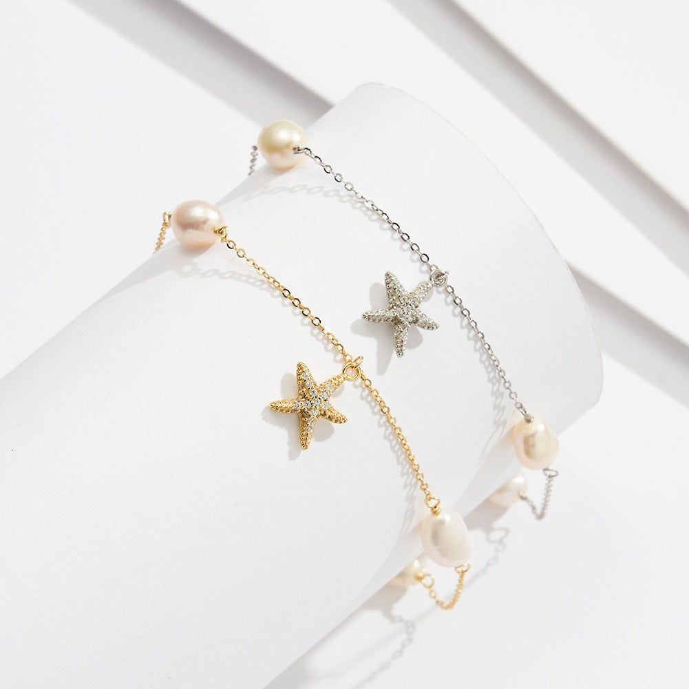 S925 Sterling Silver Beach Style Pearl Five-pointed Star Pendant Anklet