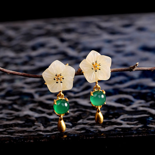 S925 Silver Plated Women's Floral Hetian Jade Ear Studs