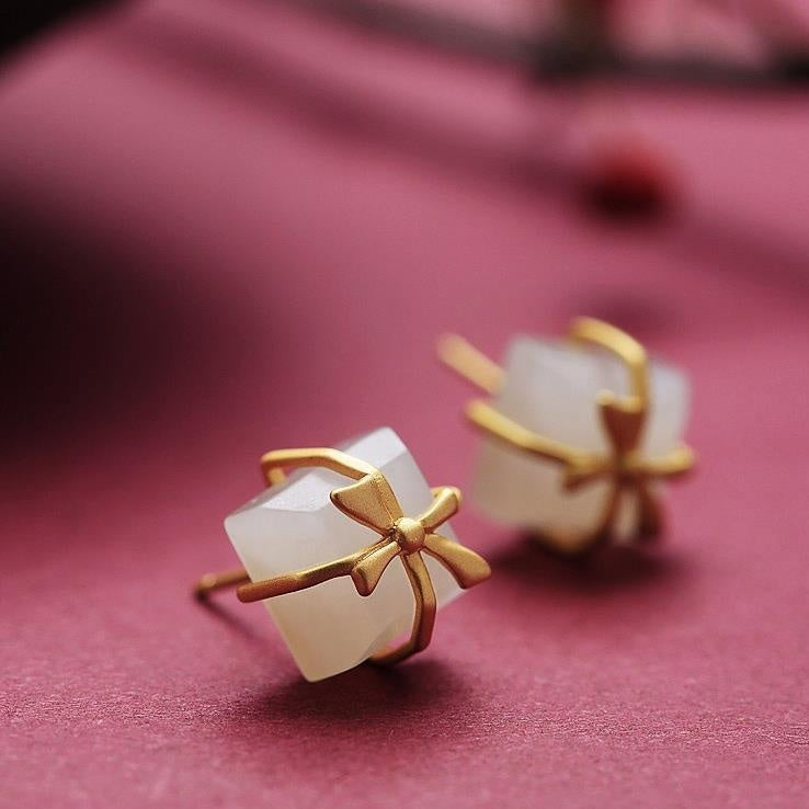 Natural Hetian Jade Cube Sugar Bowknot Earrings