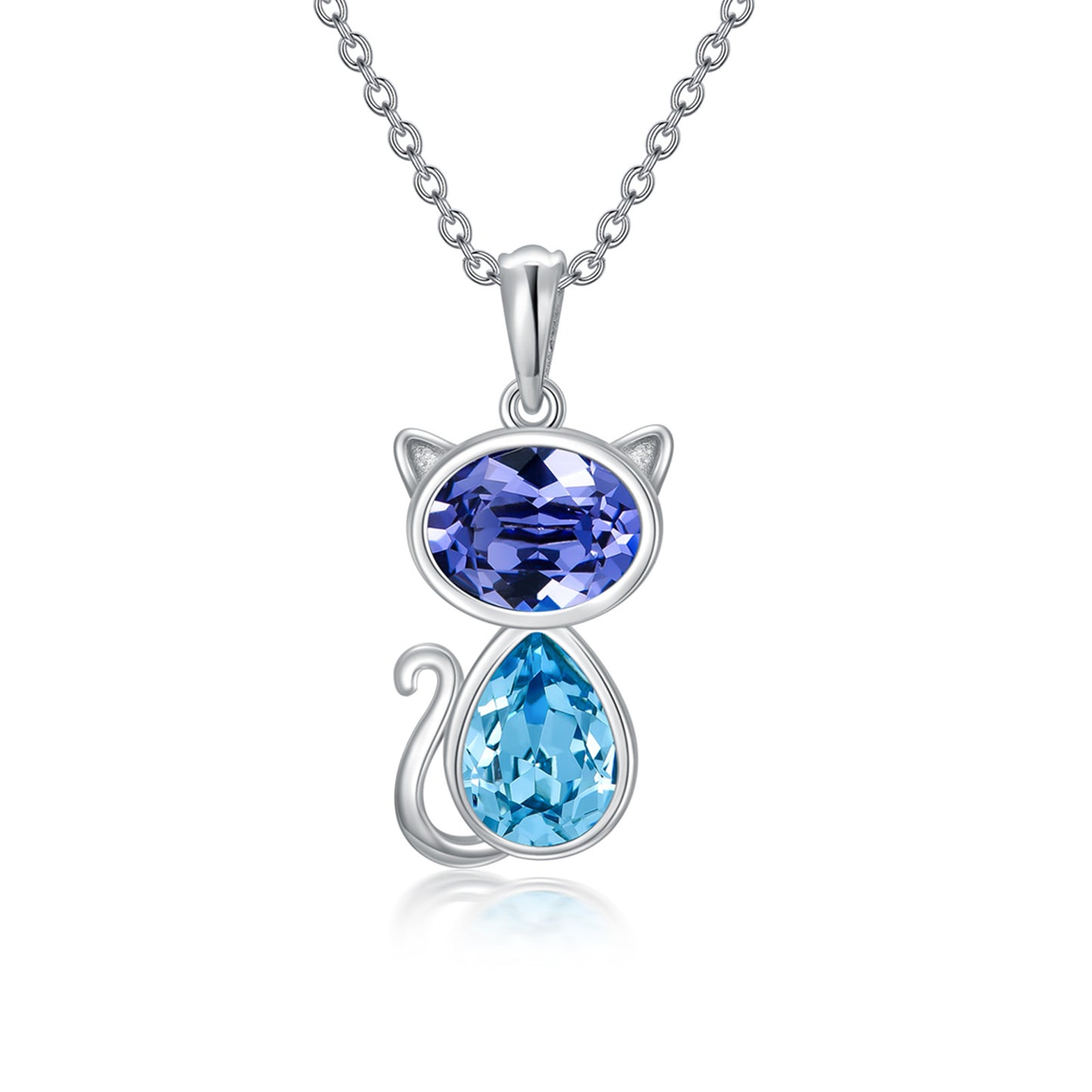 Cat Necklace with Crystal in White Gold Plated Sterling Silver