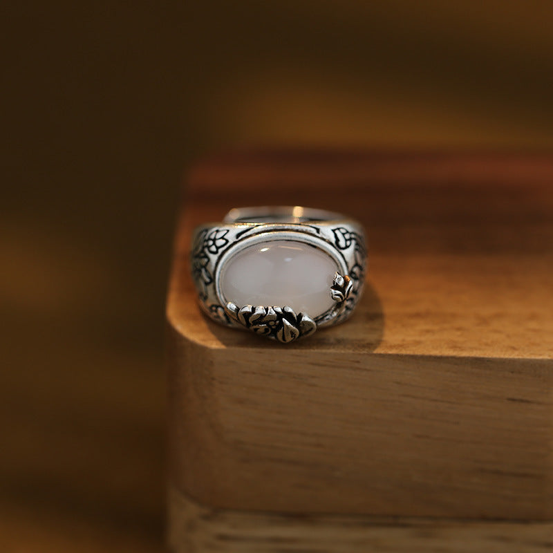 Vintage Distressed White Chalcedony Ring For Women