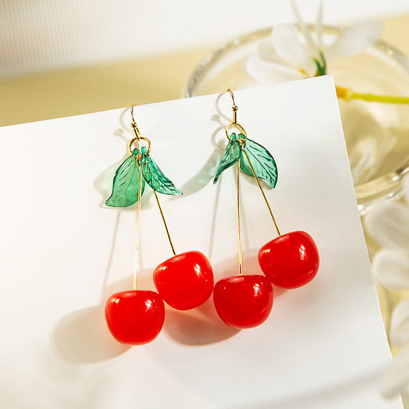 Delicate Green Leaf Cherry Resin Earrings