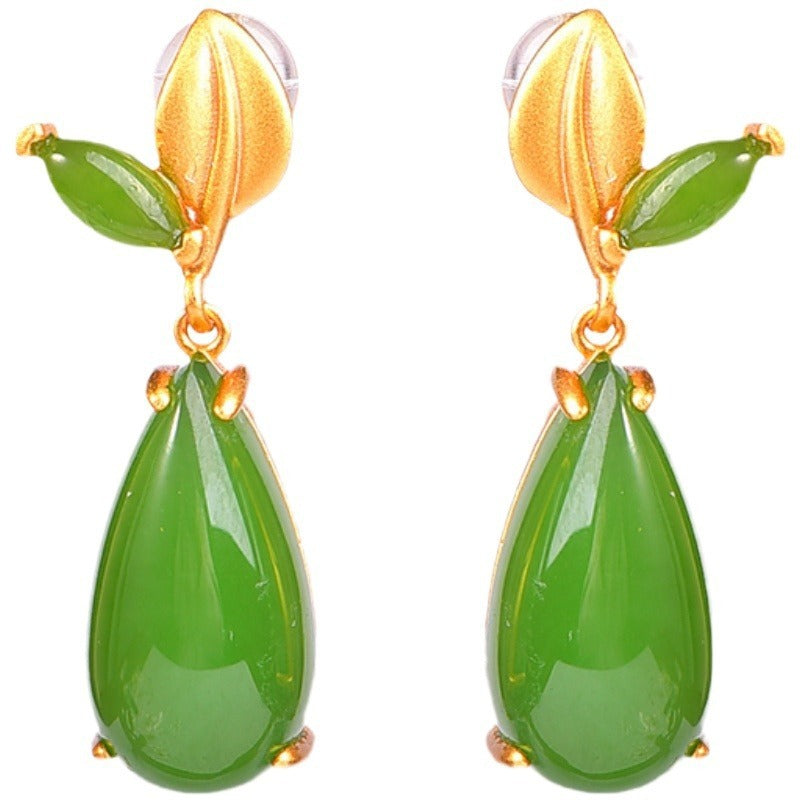 Inlaid Hetian Jade Leaves Gold-plated Earrings