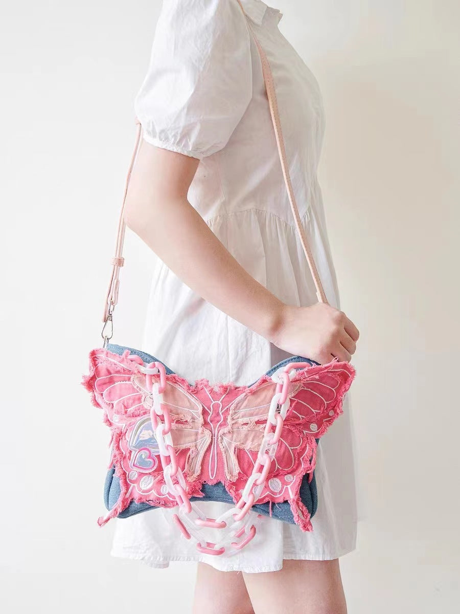 Butterfly Tassel Denim Wide Shoulder Strap Crossbody Bag