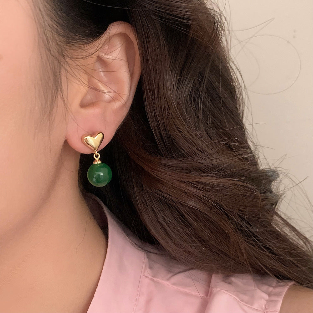 Women's Green Chalcedony Love Heart Stud Earrings