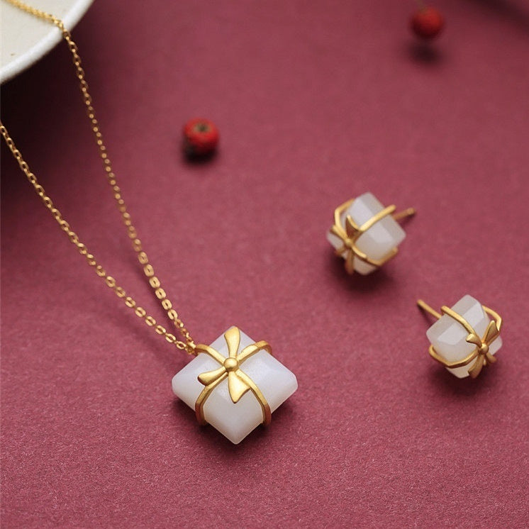 Natural Hetian Jade Cube Sugar Bowknot Earrings