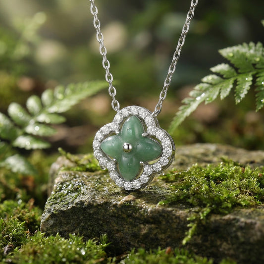 925 Sterling Silver Elegant Green Jade Four-Leaf Clover Pendant Necklace with Sparkling Diamond Halo