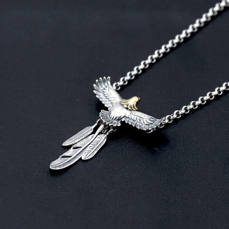 S925 Thai Silver Feather Creative Eagle Pendant Necklace