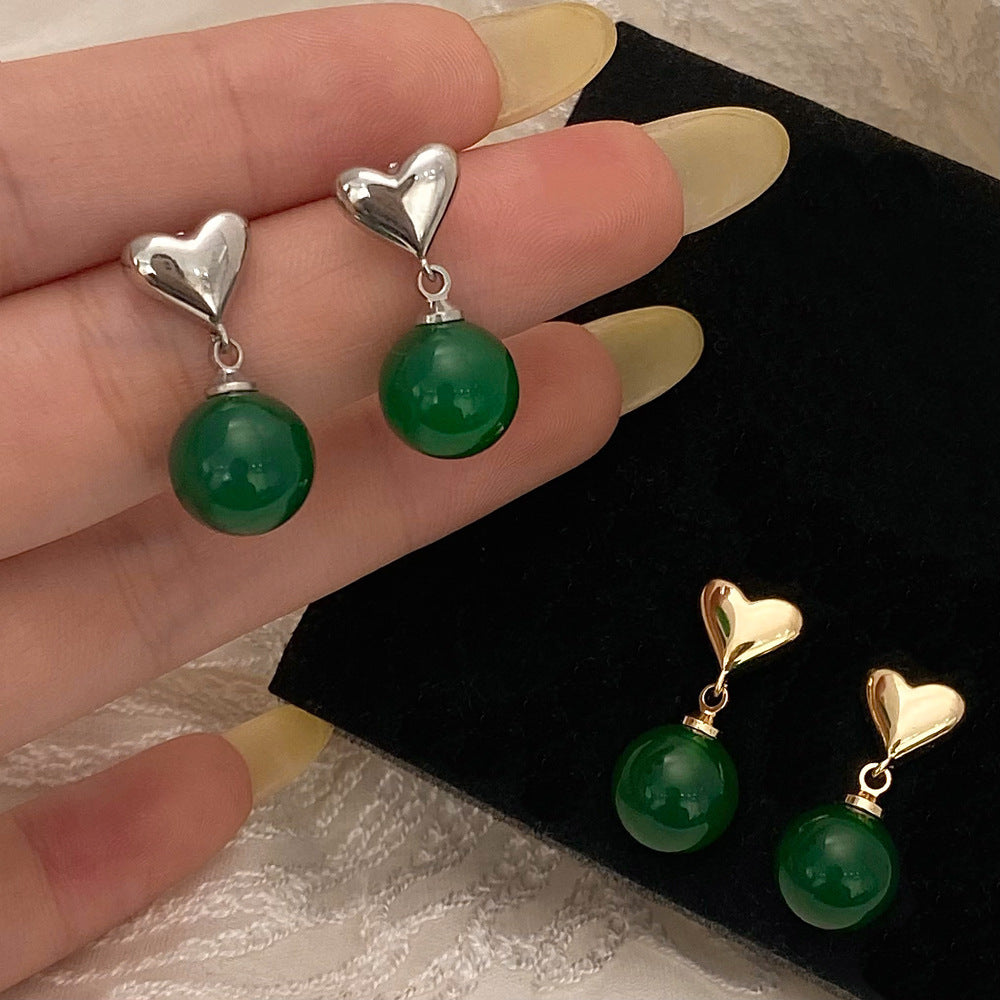 Women's Green Chalcedony Love Heart Stud Earrings