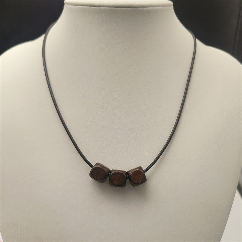 Bohemian Retro Style Black Braided Leather Rope Wooden Beaded Necklace