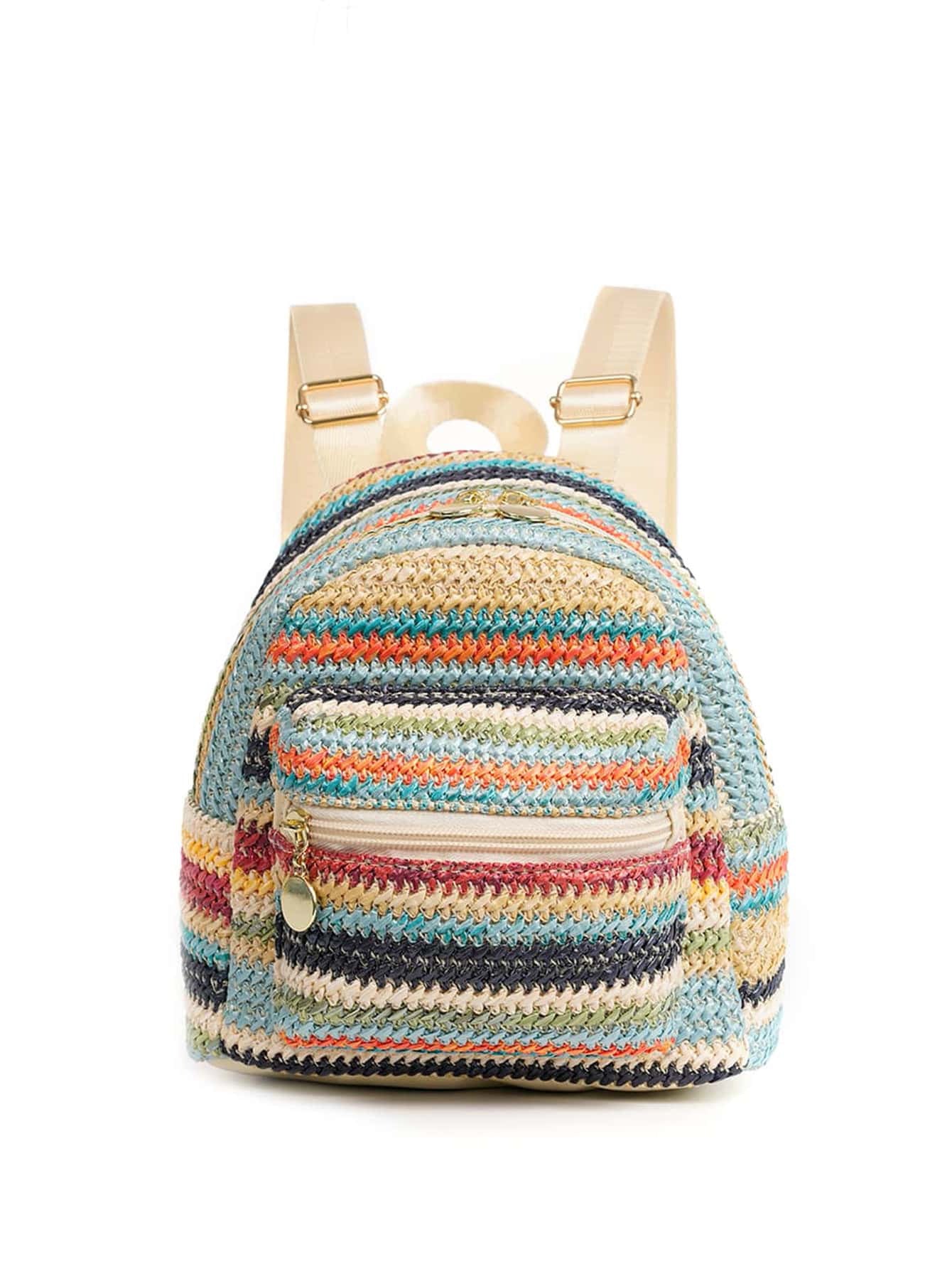 Ethnic Minorities Double Layer Zipper Casual Cool Straw Backpack