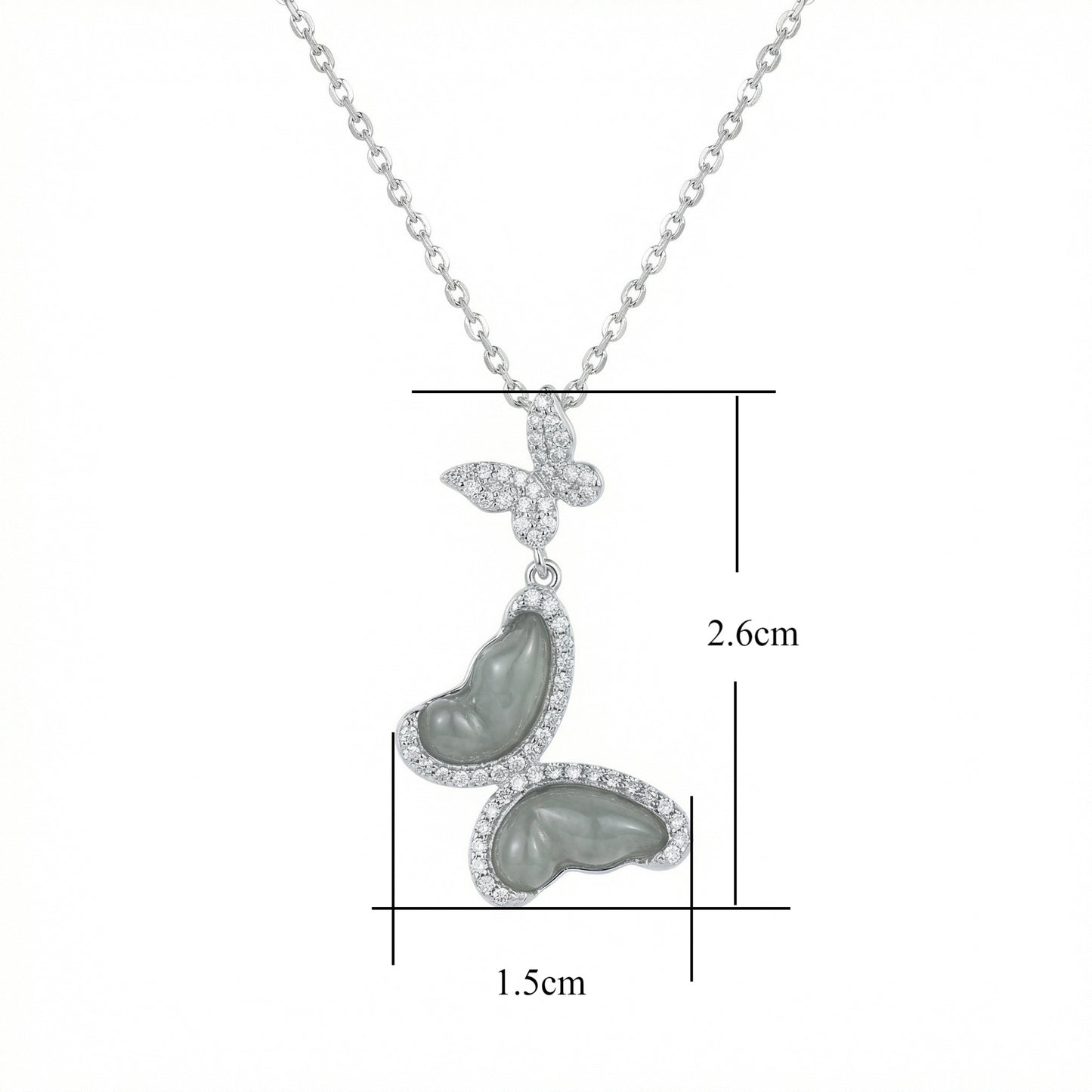 925 Sterling Silver Elegant Double Butterfly Pendant Necklace with Grey Gemstones and Crystals