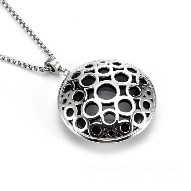 Chinese Style Silver Round Hollow Crystal Stylish Trendy Titanium Steel Necklace Pendant