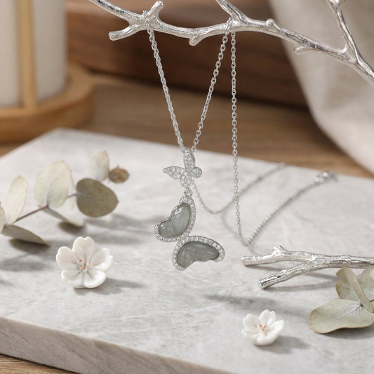 925 Sterling Silver Elegant Double Butterfly Pendant Necklace with Grey Gemstones and Crystals