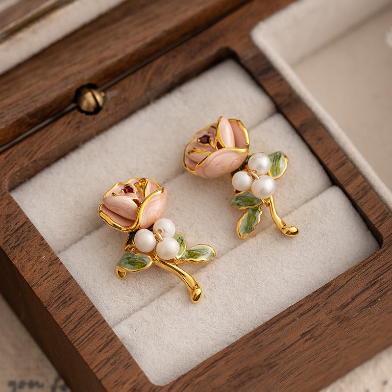 Pearl Flower Female Retro Enamel Dripping Oil Classic Style Middle Ancient French Ear Studs