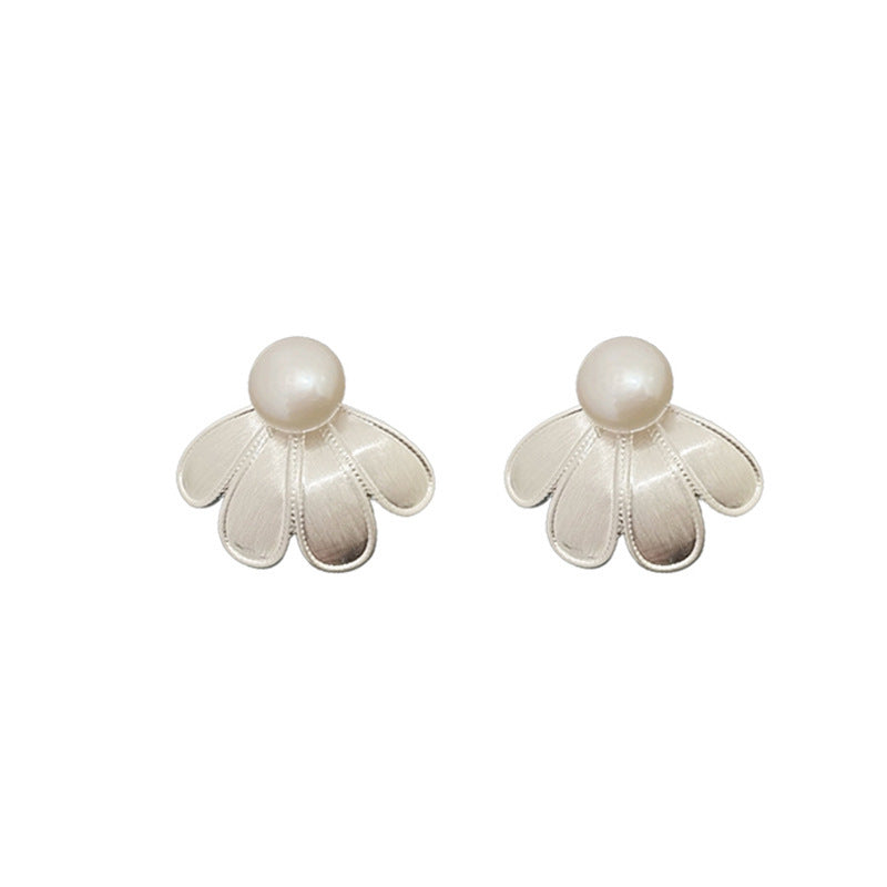 Flower Brushed Half Petal Pearl Stud Earrings