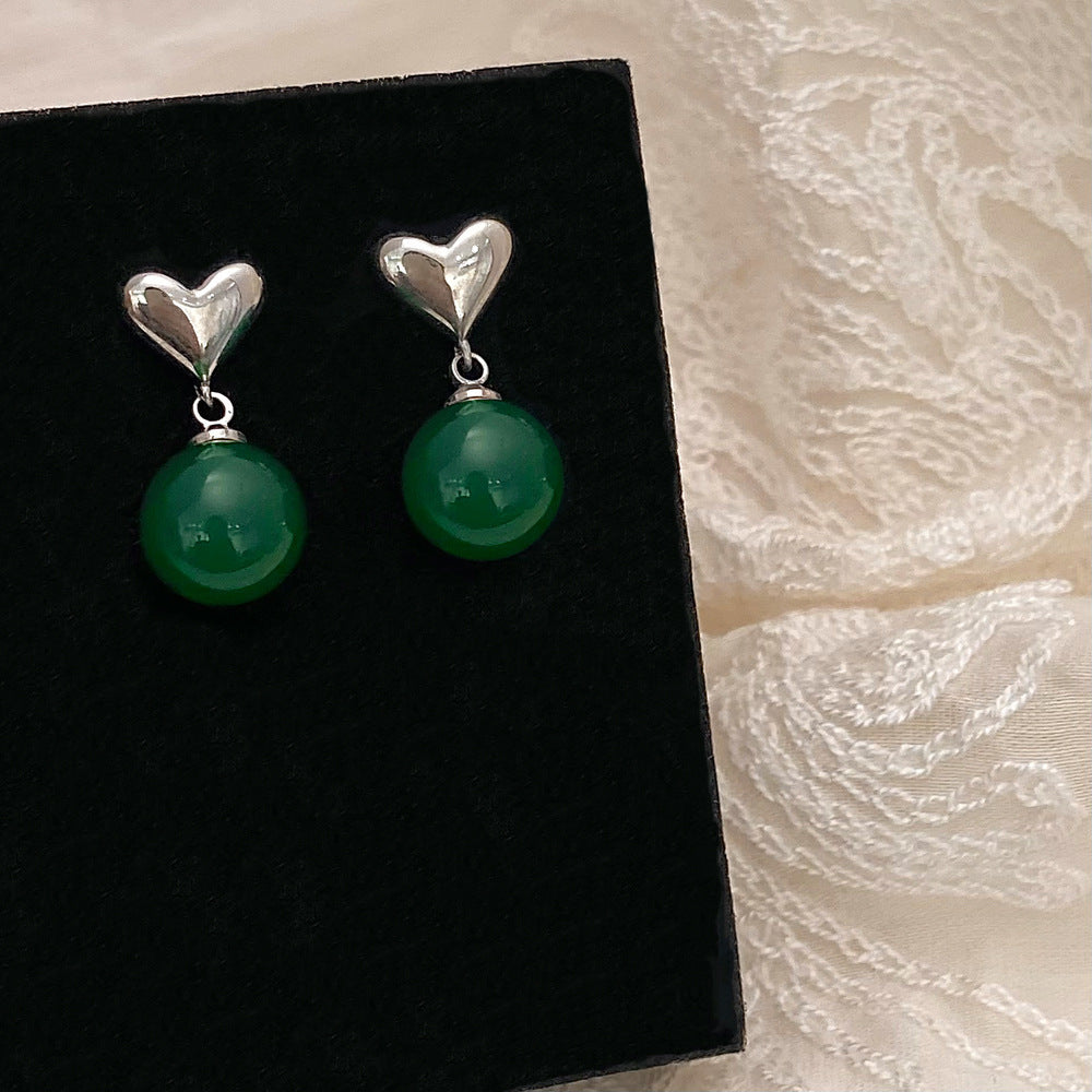 Women's Green Chalcedony Love Heart Stud Earrings