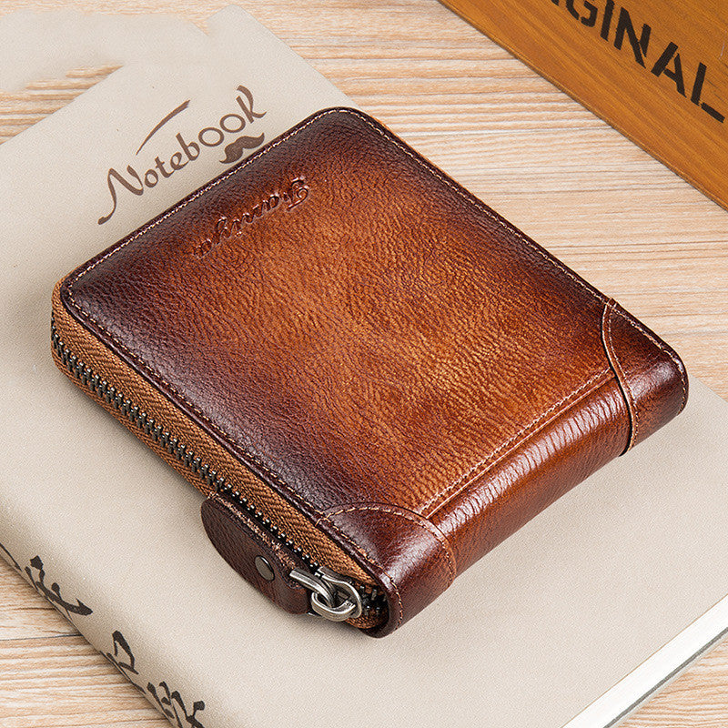 First Layer Cowhide Zipper Card Holder Driver's License Wallet