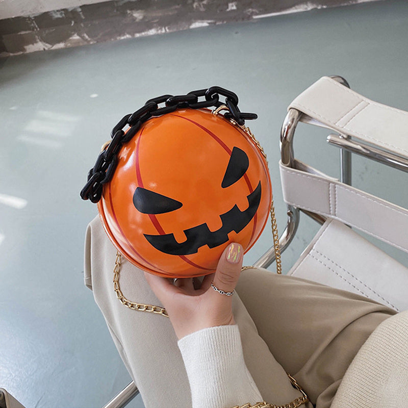 Halloween Cartoon Pumpkin Ball Handbags With Chain Personality Creative Funny Shoulder Bags