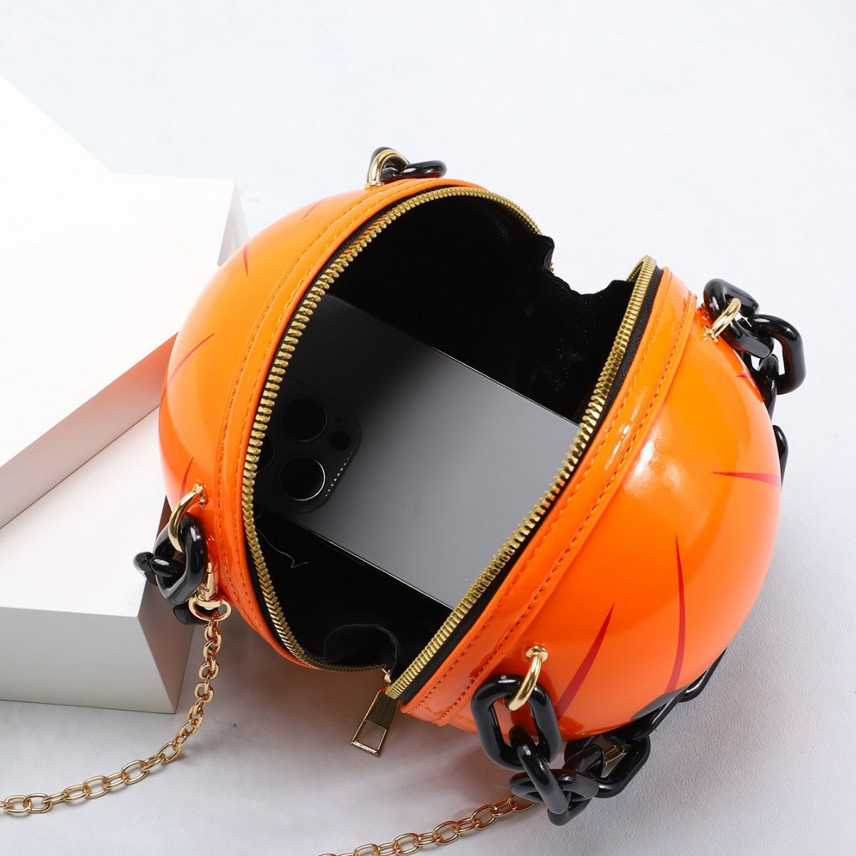 Halloween Cartoon Pumpkin Ball Handbags With Chain Personality Creative Funny Shoulder Bags