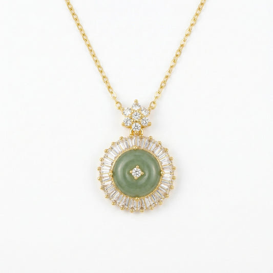 925 Sterling Silver Elegant Green Jade Circle Pendant Necklace with Sparkling Crystal Halo and Floral Bail