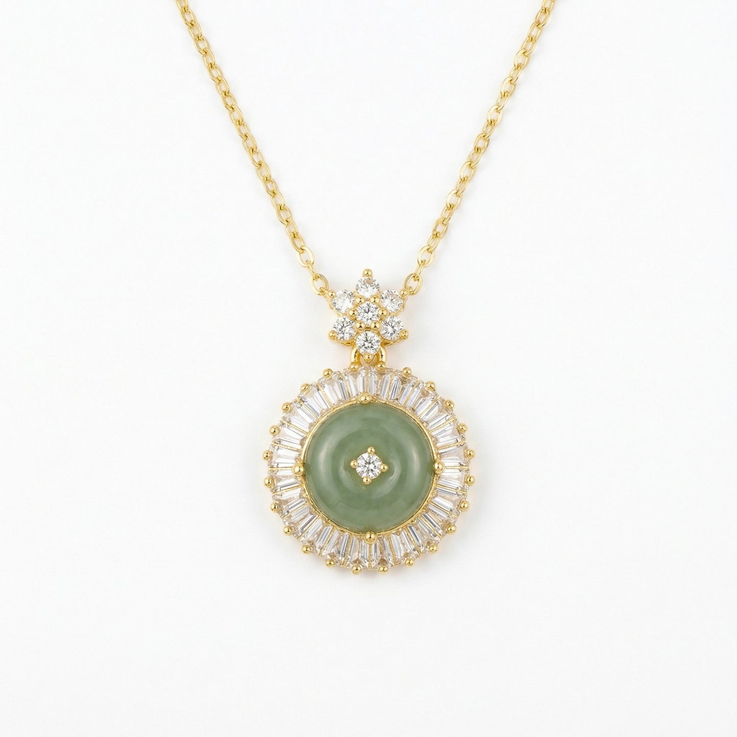 925 Sterling Silver Elegant Green Jade Circle Pendant Necklace with Sparkling Crystal Halo and Floral Bail