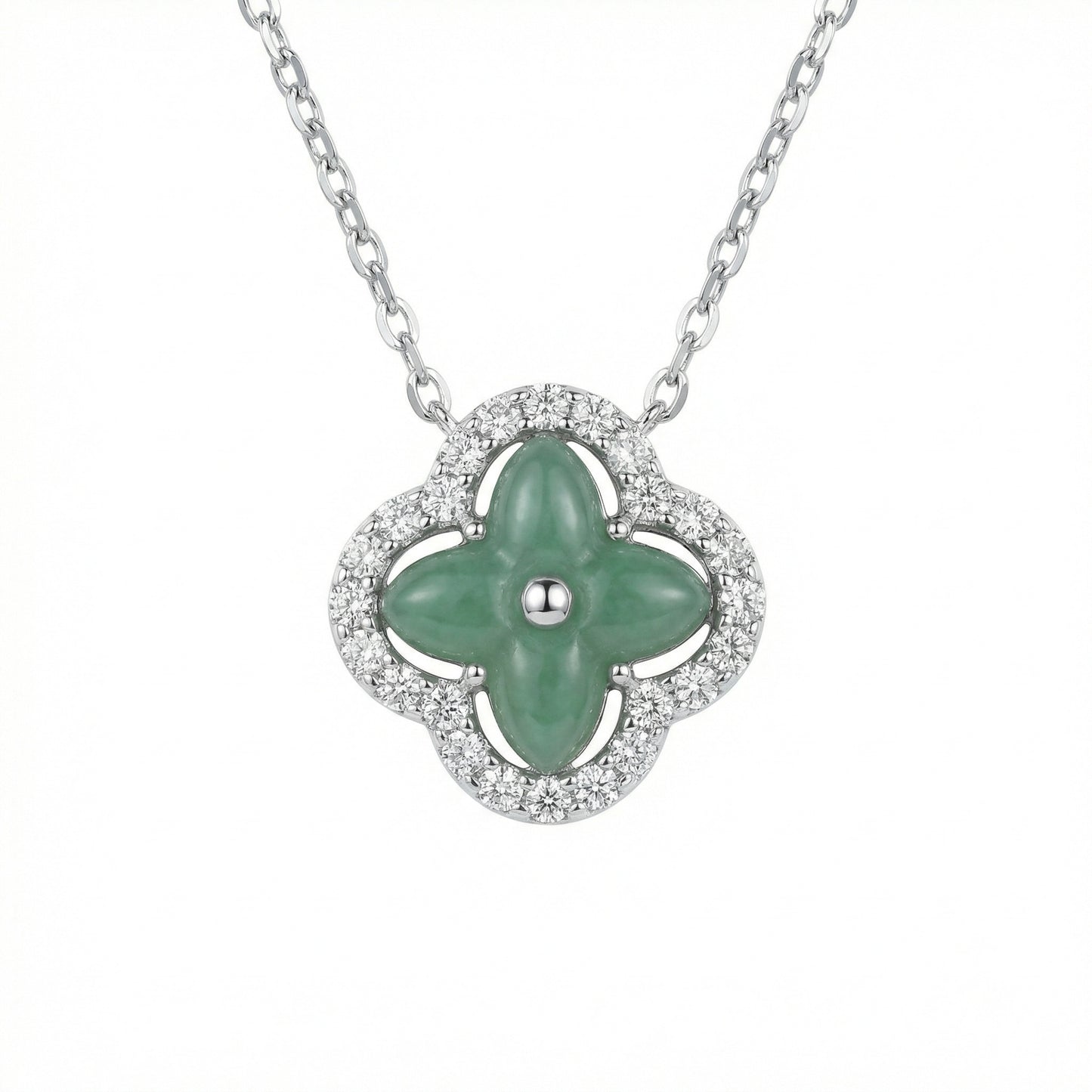 925 Sterling Silver Elegant Green Jade Four-Leaf Clover Pendant Necklace with Sparkling Diamond Halo