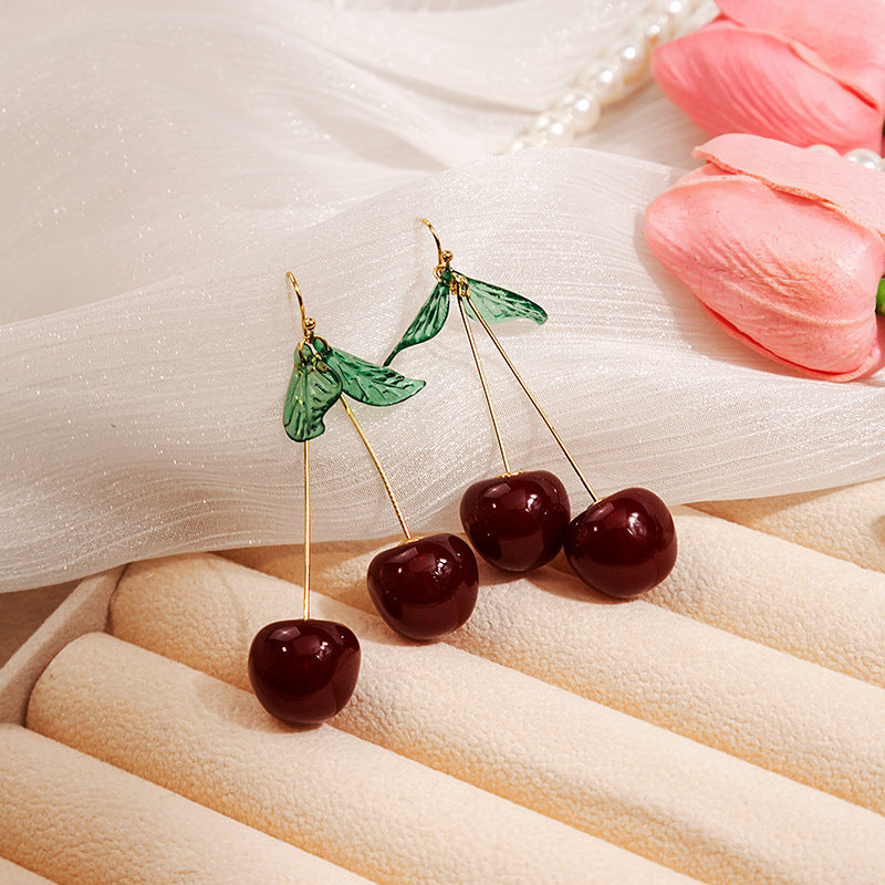 Delicate Green Leaf Cherry Resin Earrings