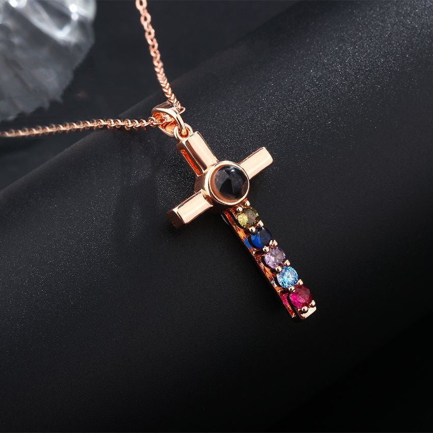 Colorful Diamond Cross Projection In Languages, I Love You Necklace