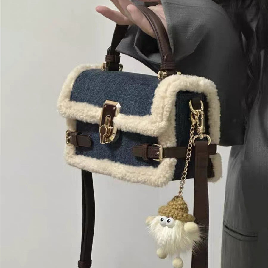 Patchwork Denim Lamb Wool All-match Messenger Bag