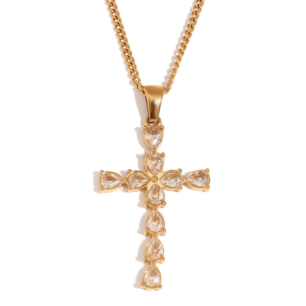 Stainless Steel 18K Gold Plated Water Drop Heart-shaped Cross Pendant Necklace