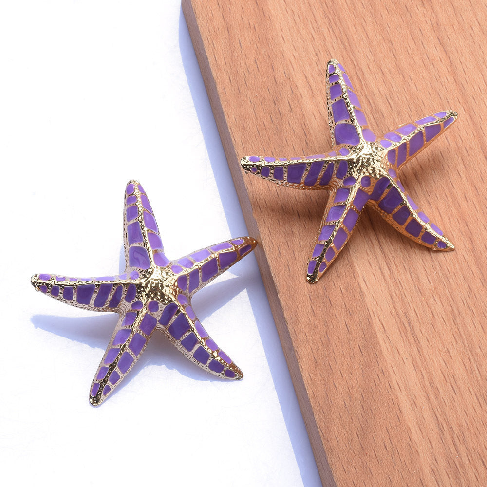 Alloy Purple Starfish Pentagram Stud Earrings