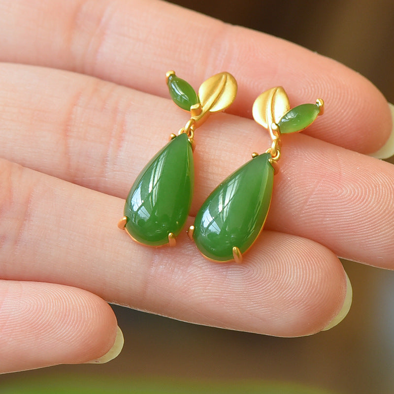 Inlaid Hetian Jade Leaves Gold-plated Earrings