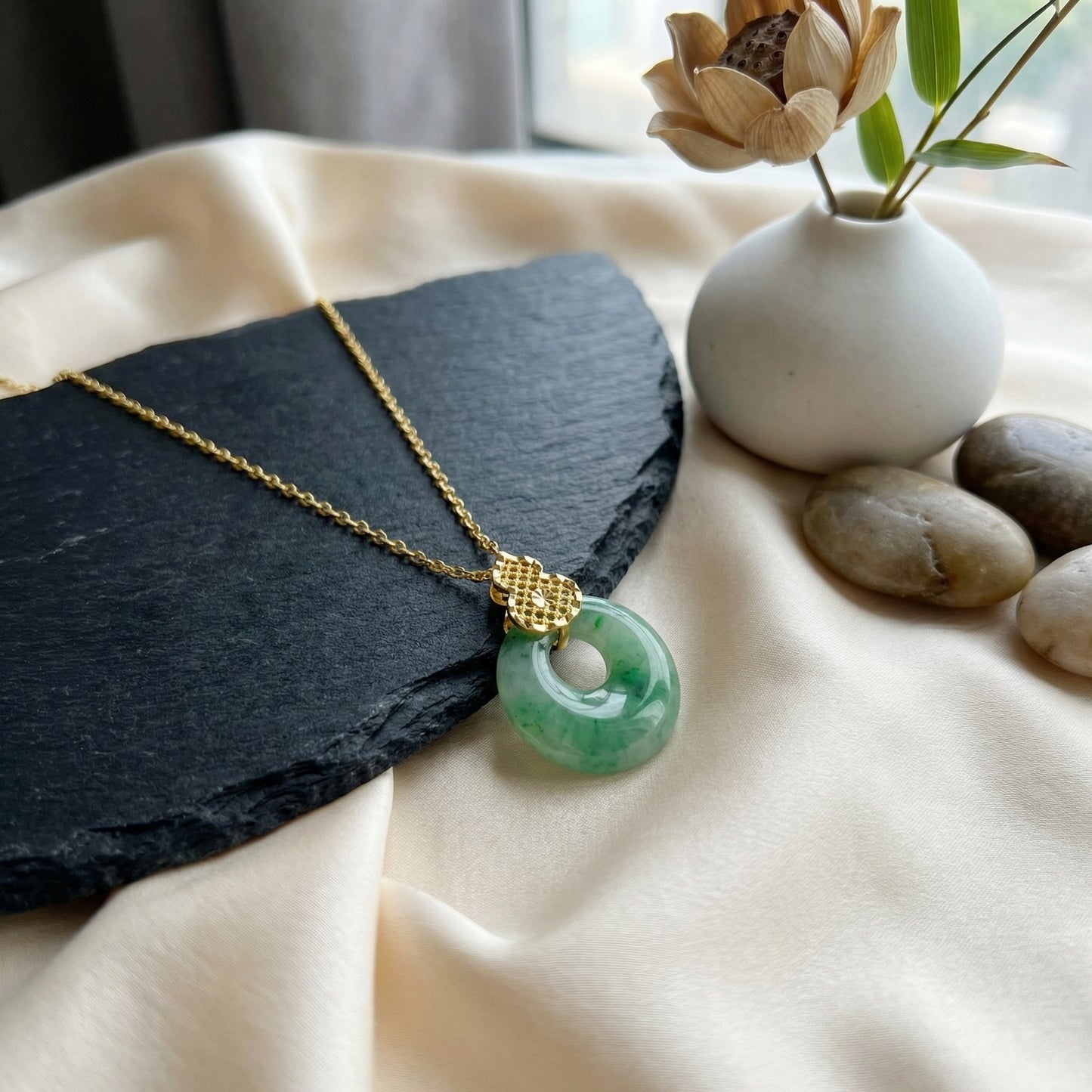 925 Sterling Silver Elegant Jadeite Donut Pendant with Intricate Filigree Gourd Bail Necklace