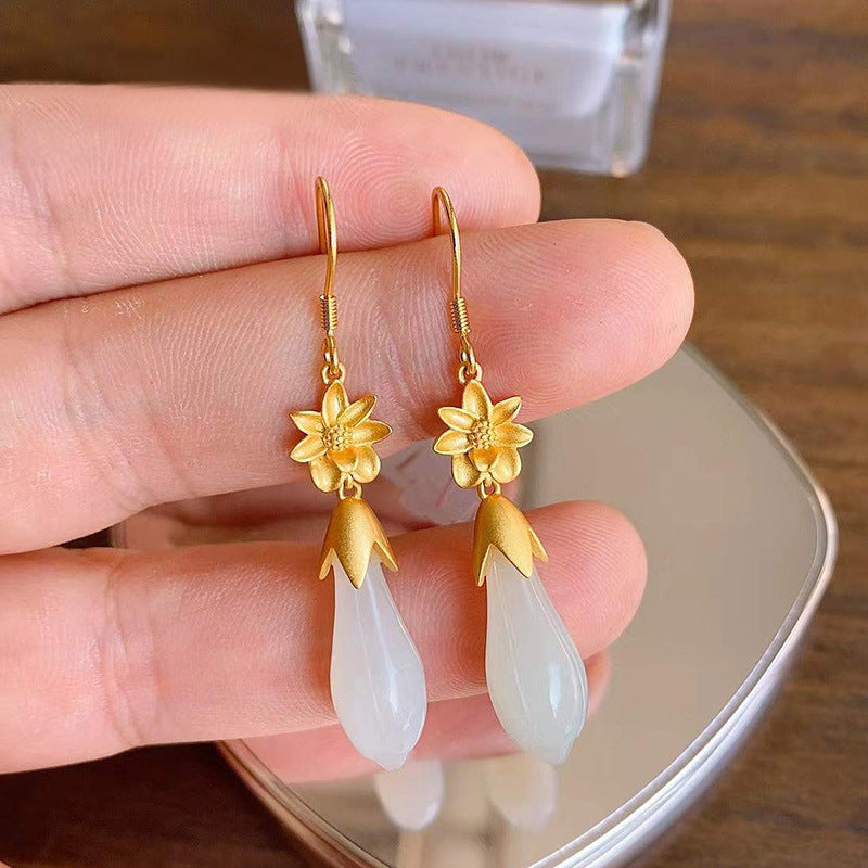 S925 Sterling Silver Style Magnolia Hetian White Jade Earrings