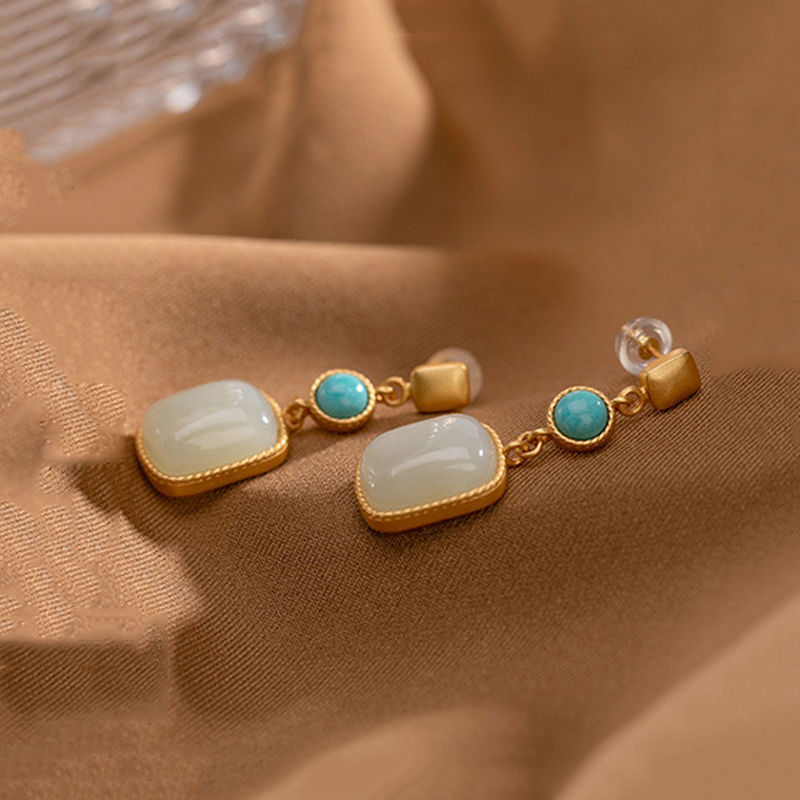 Square Hetian Jade Earrings Women