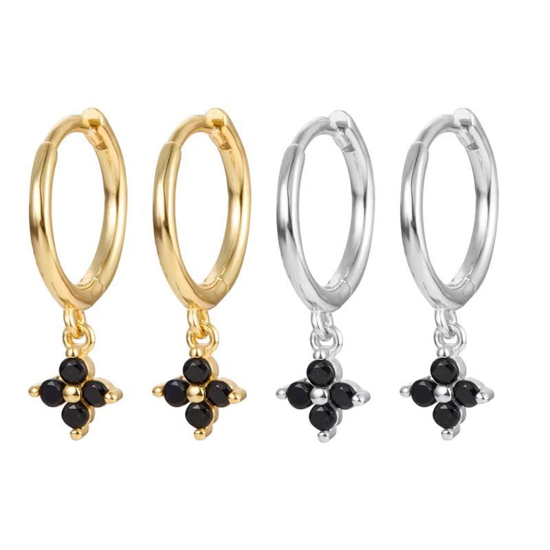 S925 Sterling Silver Temperamental Earrings Elegant Black Four-leaf Flower