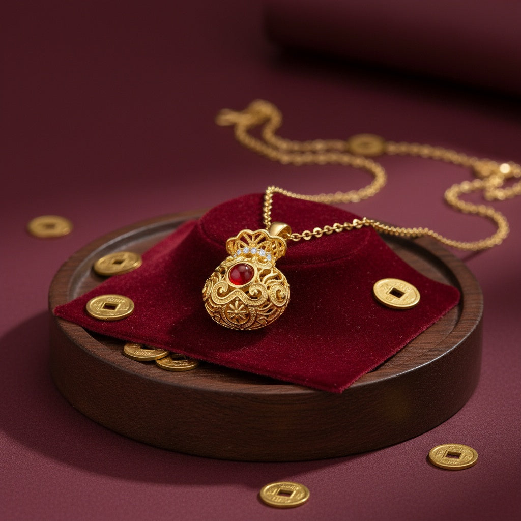 925 Sterling Silver Elegant Filigree Money Bag Necklace with Vibrant Red Gemstone and Sparkling Accents