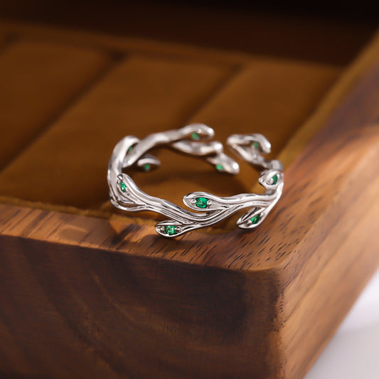 Sterling Silver Green Emerald Branch Elegant Personality Leaf Open Ring