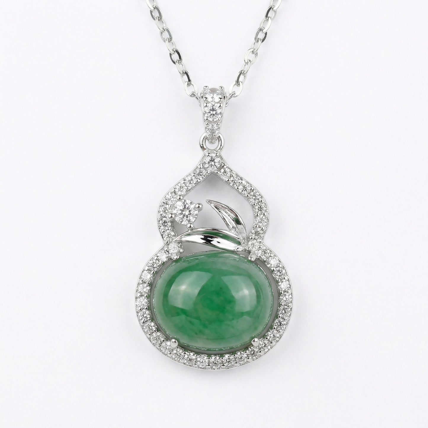 925 Sterling Silver Elegant Green Jadeite Gourd Pendant Necklace with Shimmering Diamond Accents