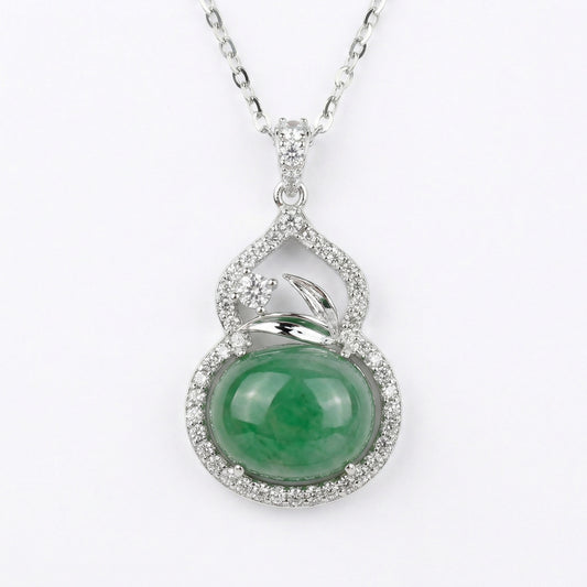 925 Sterling Silver Elegant Green Jadeite Gourd Pendant Necklace with Shimmering Diamond Accents