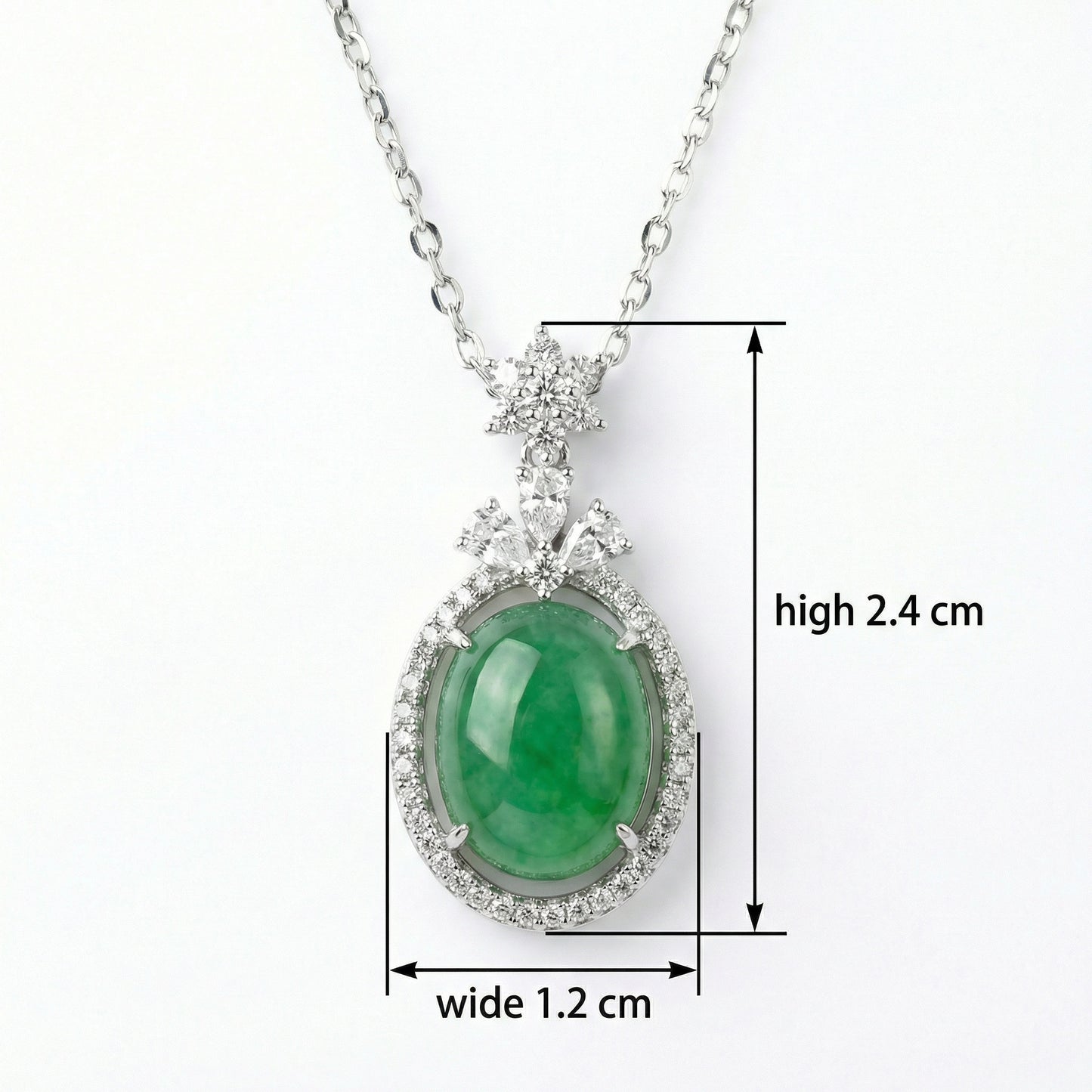 925 Sterling Silver Elegant Oval Green Jadeite Pendant with Diamond Halo and Ornate Bail