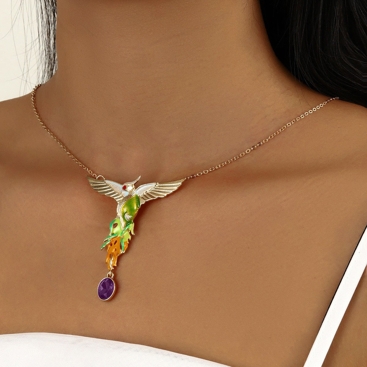 Personality Retro Hundred Birds Facing The Phoenix Shiny Diamond Pendant Necklace