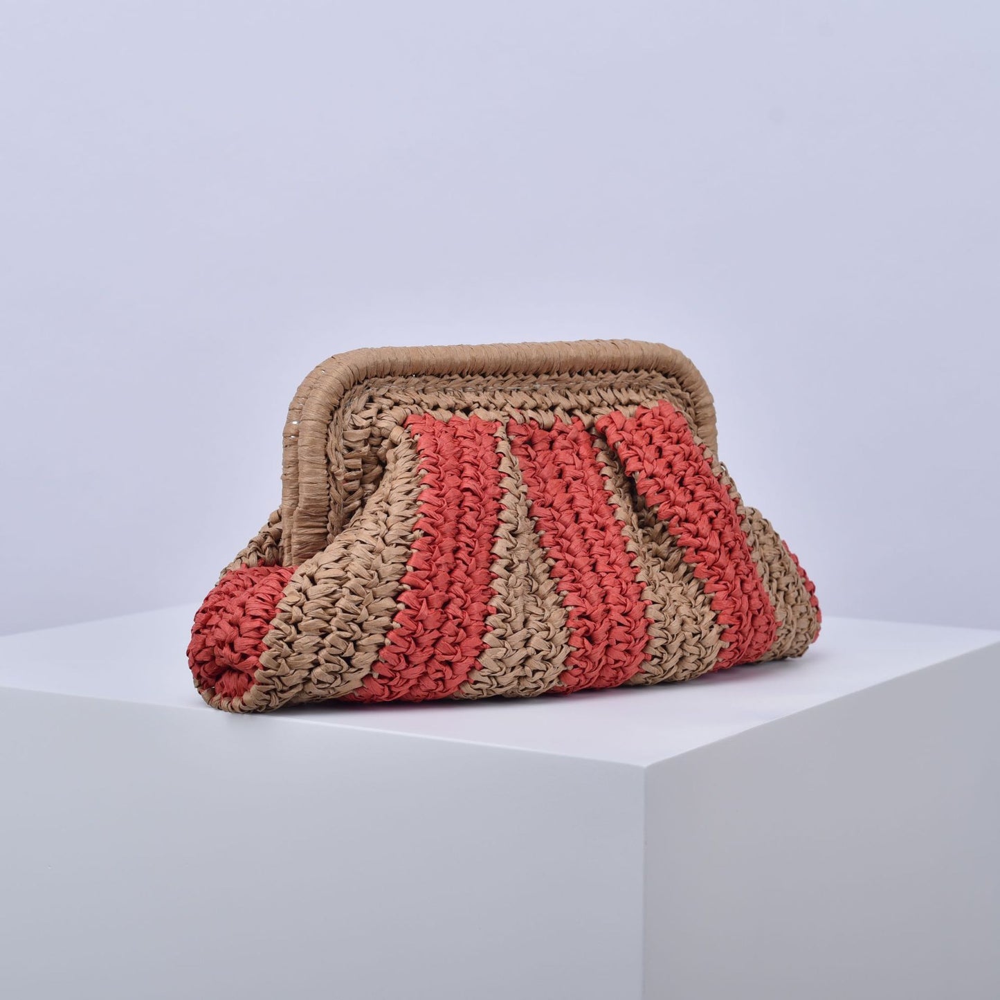 Handmade Straw Woven Striped Contrast Color Beach Bag