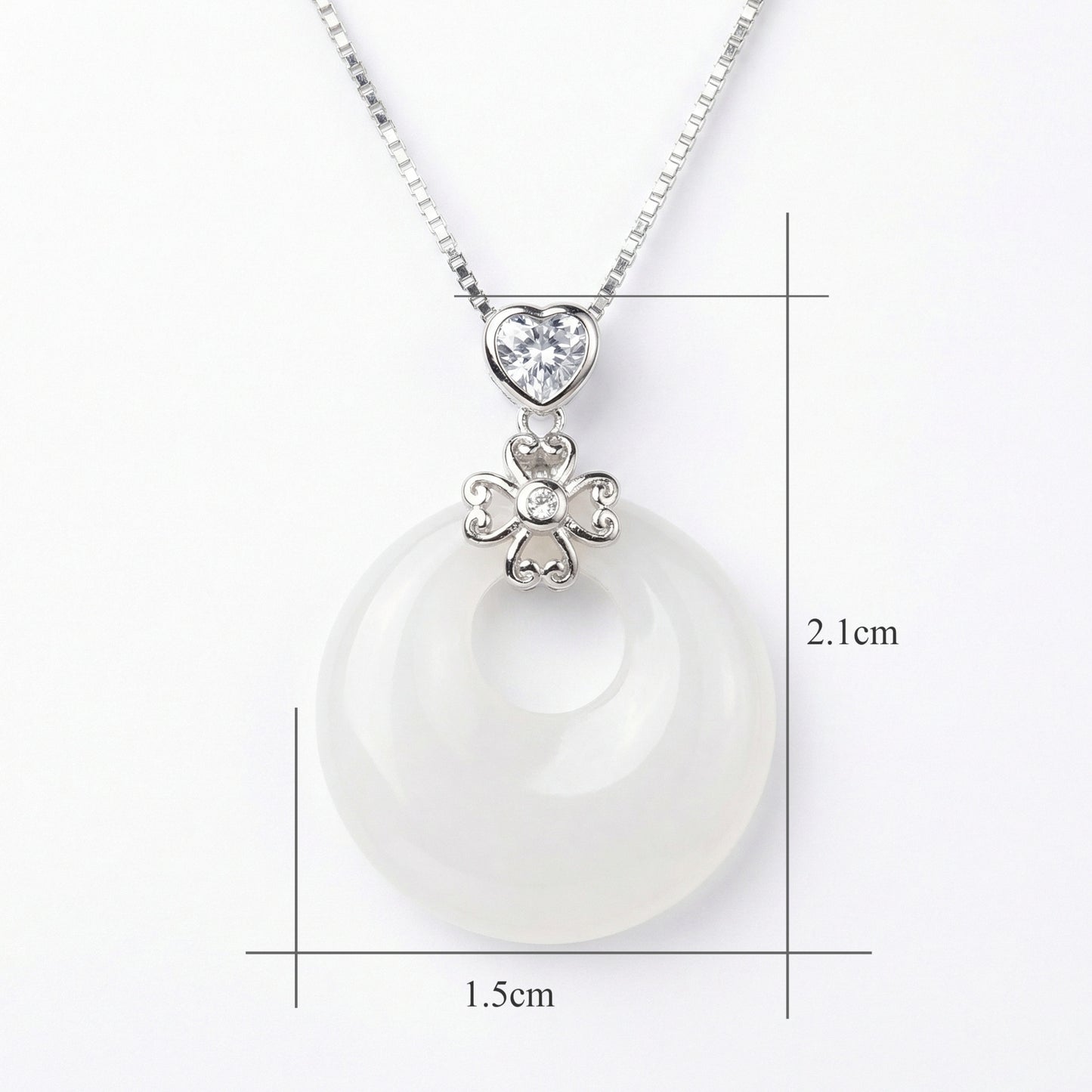 925 Sterling Silver Elegant White Stone Donut Necklace with Heart and Four-Leaf Clover Accents
