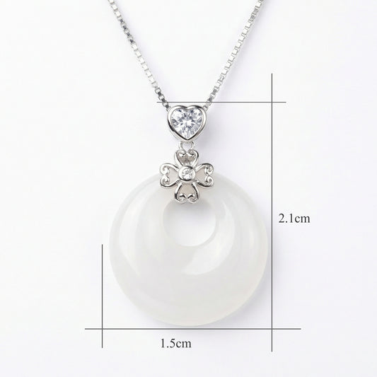 925 Sterling Silver Elegant White Stone Donut Necklace with Heart and Four-Leaf Clover Accents