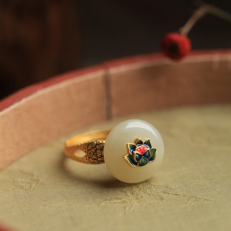 Gold Inlaid Hetian Jade Enamel Lotus Open Ring