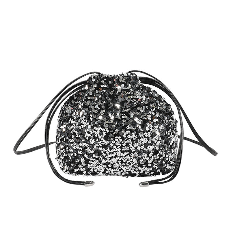 Crossbody Drawstring Pleated Design Soft Color Sequin Bag